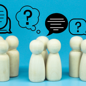 Lots of wooden people having conversations.